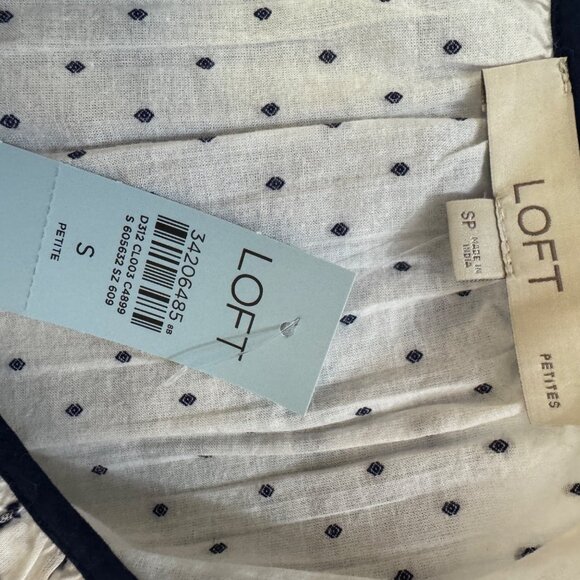 Loft Womens White & Navy Polka Dot Blouse Size S Petite - Picture 7 of 8